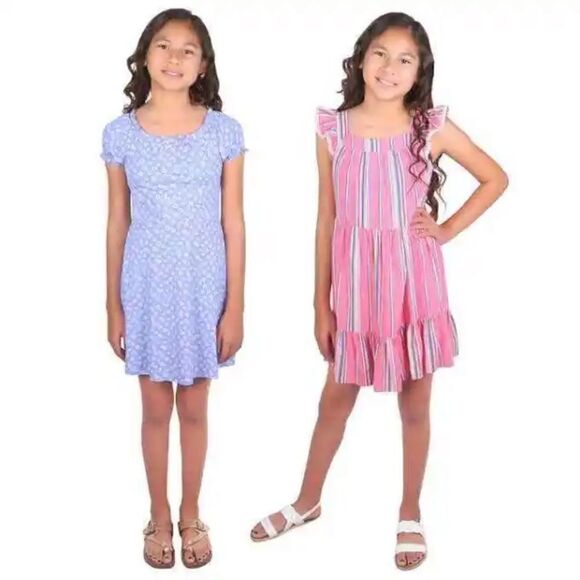#20 Zunie Youth 2-pack Dress, 1 Pink With Stripes Blue with Flowers Medium 10/12 - Picture 1 of 9